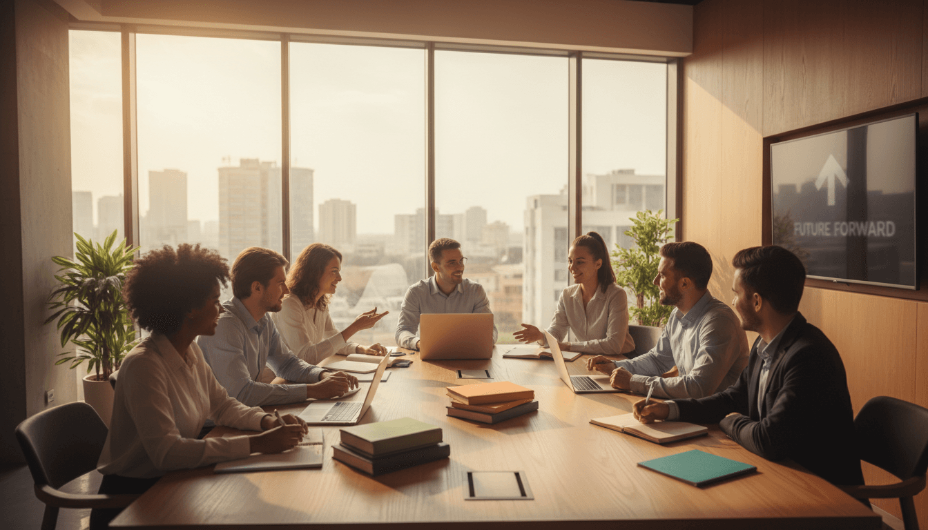 Profissionais em ambiente de aprendizagem colaborativa com luz natural