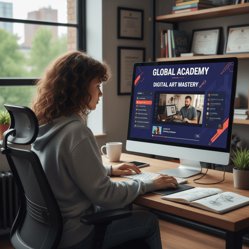 Plataforma de aprendizagem online com estudante envolvido em conteúdo do curso