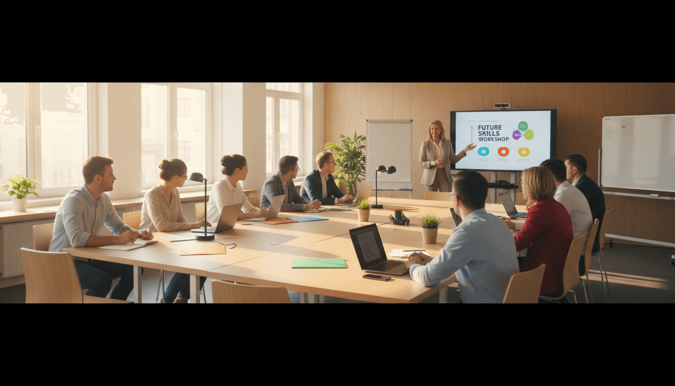 Alunos em sala de aula moderna durante treinamento profissional