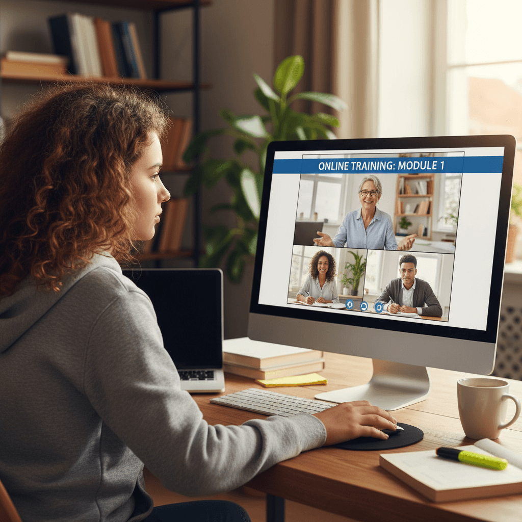 Participante em aula online com câmera e material de estudo