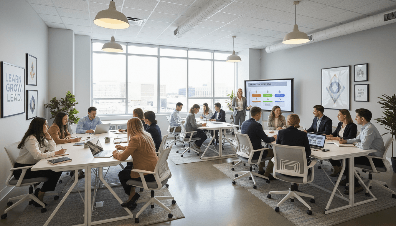 Professional training center classroom with diverse students engaged in learning, modern bright interior with warm lighting and collaborative atmosphere