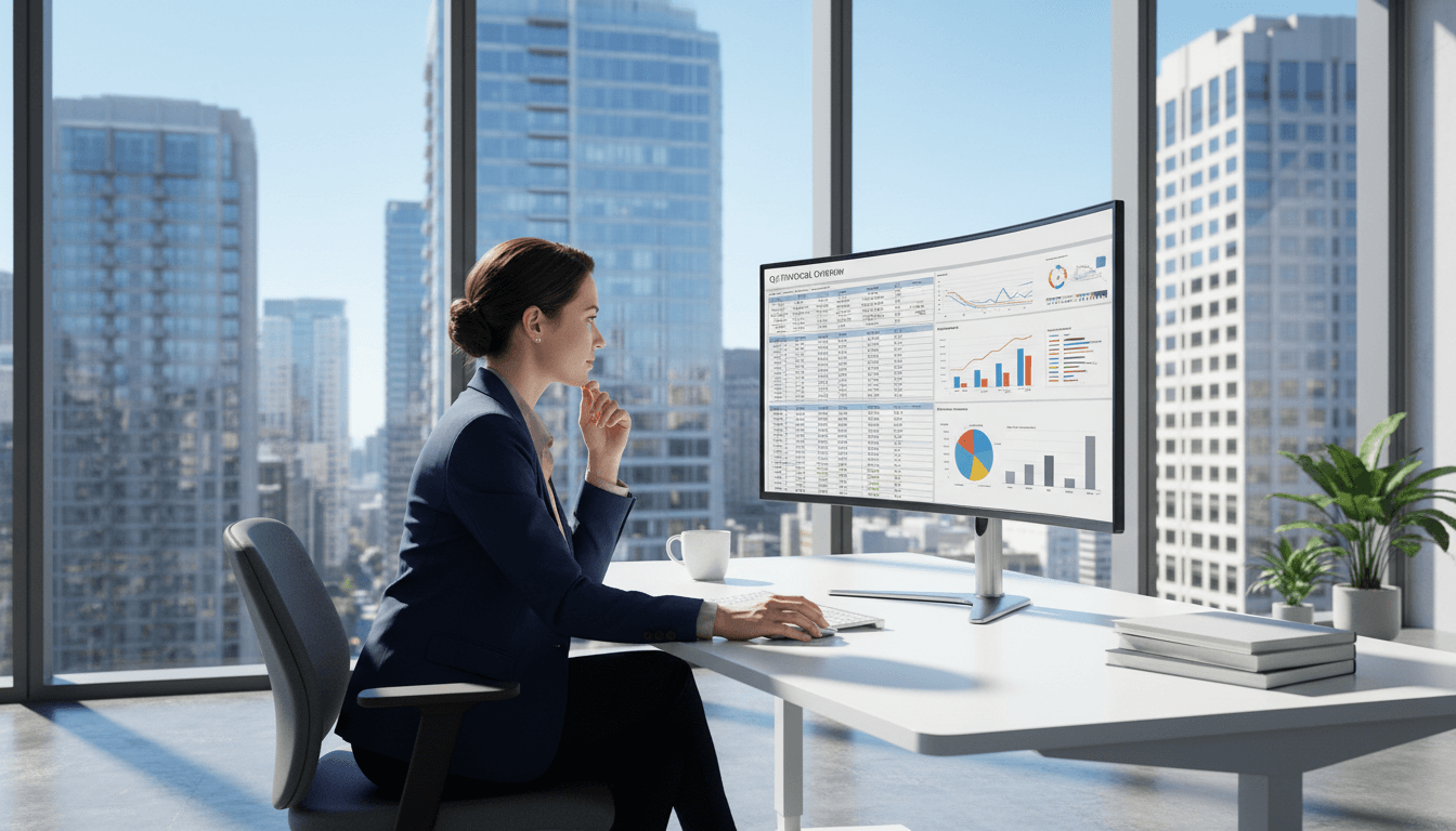 Profissional analisando dados financeiros em Excel com gráficos e relatórios em ambiente moderno