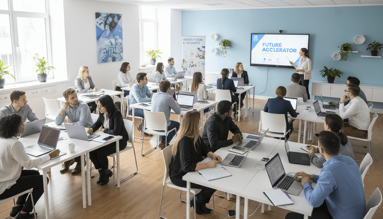 Ambiente moderno de aprendizado profissional com estudantes em sala de treinamento