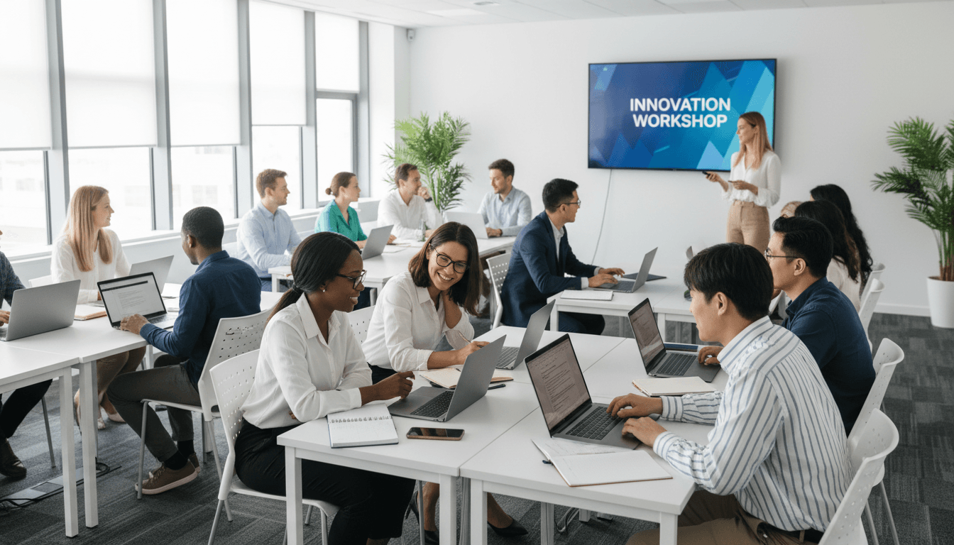 Sala de aula moderna da Excel Tecnologia com participantes em formação profissional