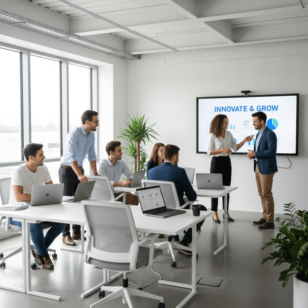 Alunos utilizando computadores em aula de marketing digital