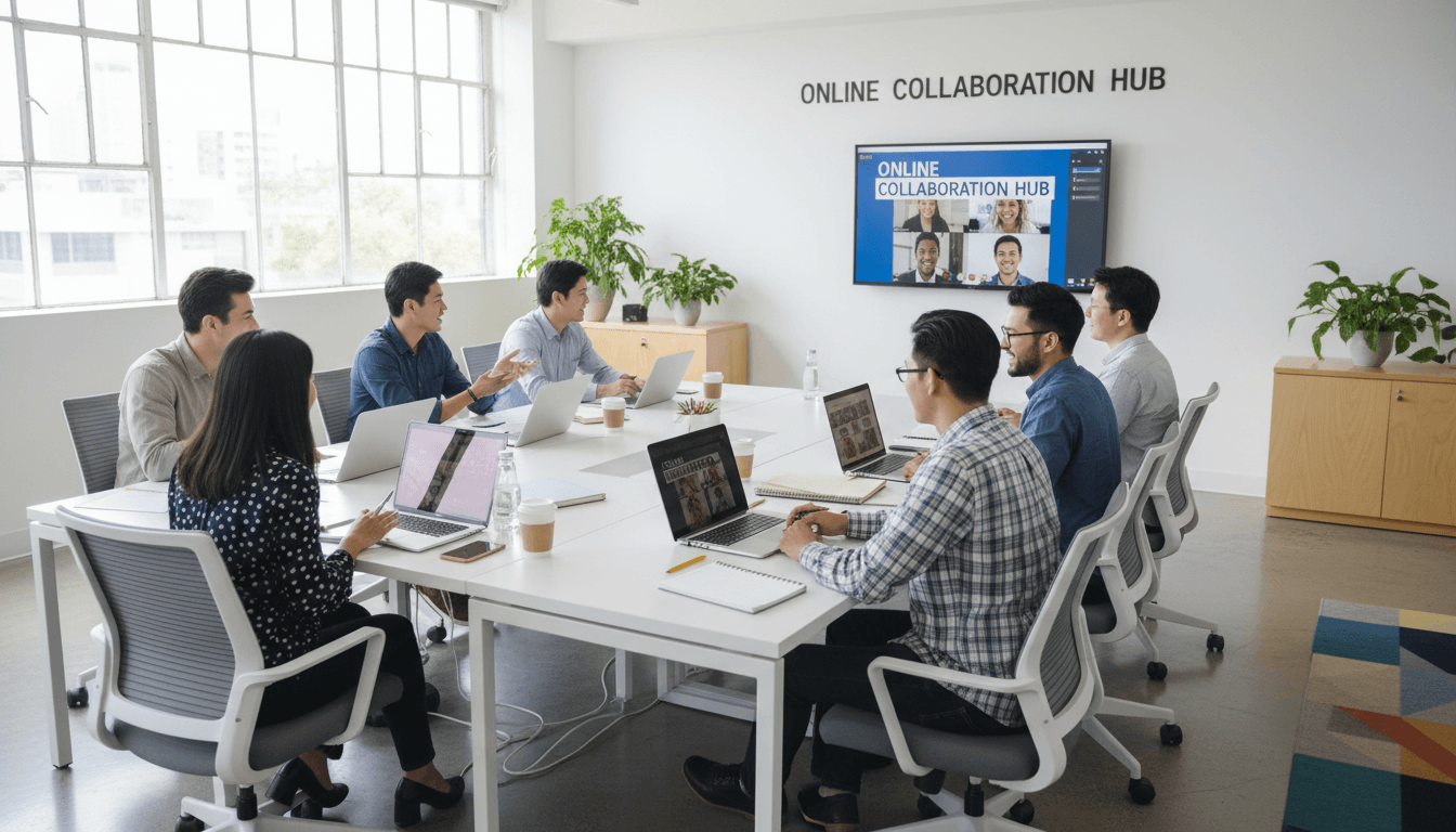 Estudantes em aula online colaborando com entusiasmo em ambiente moderno e bem iluminado