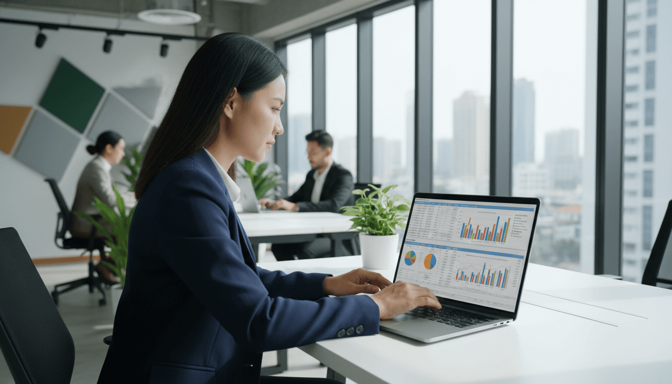 Profissional de RH trabalhando com dados em Excel em ambiente corporativo moderno