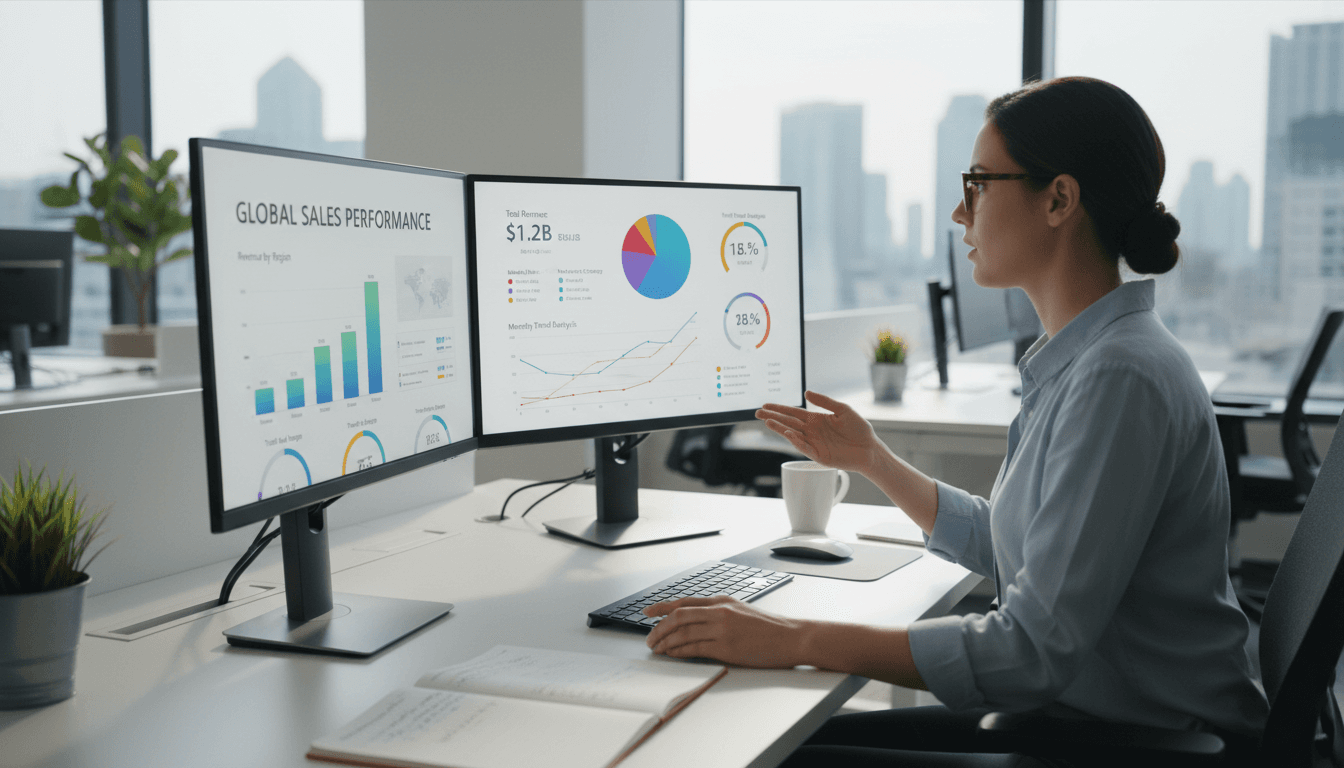 Analista profissional trabalhando com dashboard Power BI mostrando gráficos e visualizações de dados