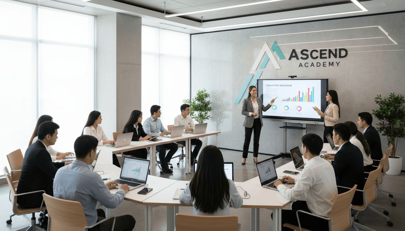 Profissionais em ambiente moderno de aprendizado com tecnologia e inovação