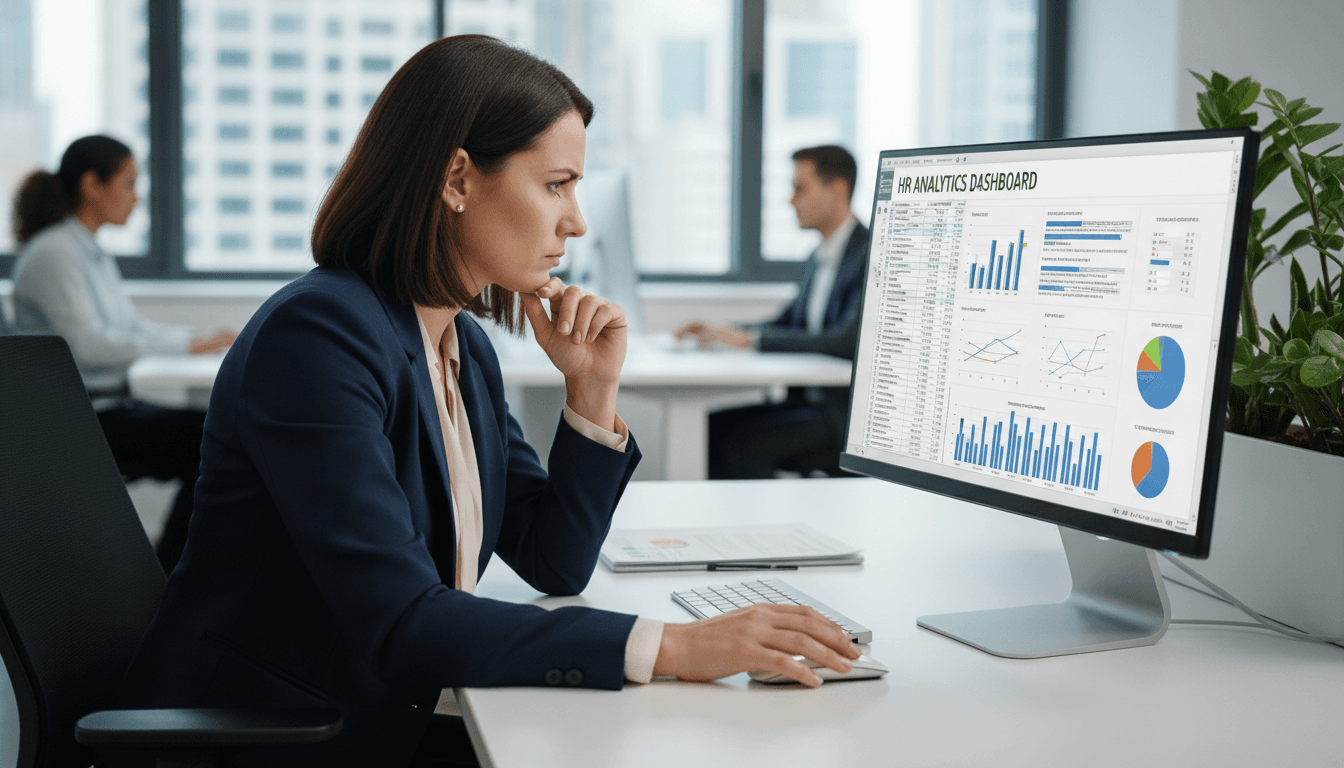 Profissional de recursos humanos analisando dados e gráficos no Excel em ambiente corporativo moderno