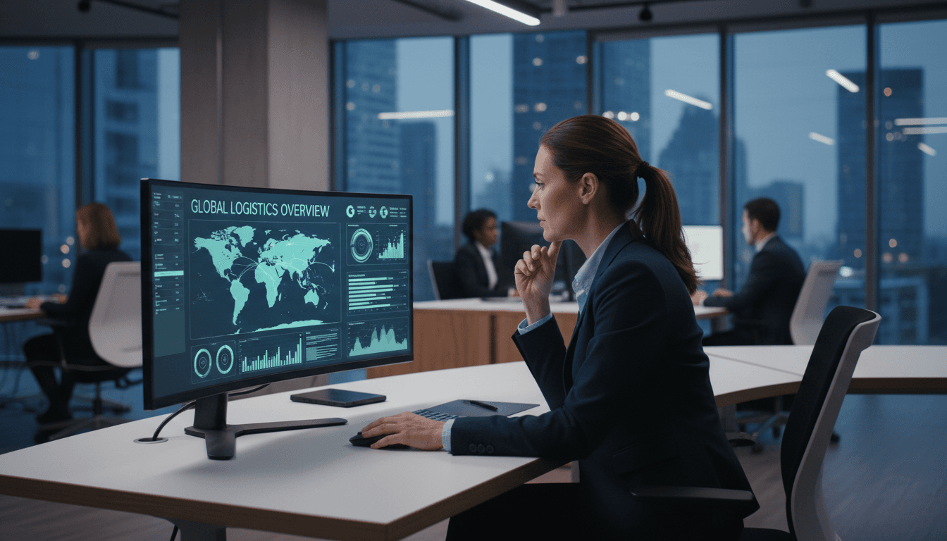 Gestor de transportes analisando dados de rotas no Excel em ambiente profissional