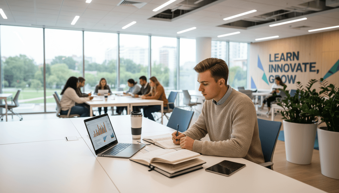 Estudante profissional estudando em laptop em ambiente de aprendizado moderno e iluminado