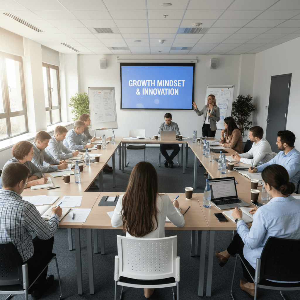 Sala de treinamento com participantes em evento presencial da Excel Tecnologia