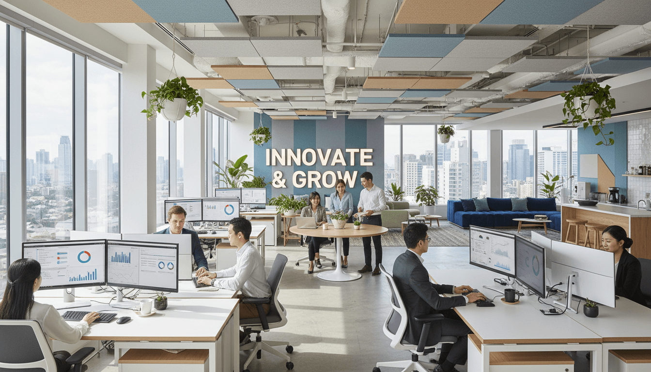 Equipa profissional trabalhando em ambiente moderno e colaborativo com tecnologia de ponta