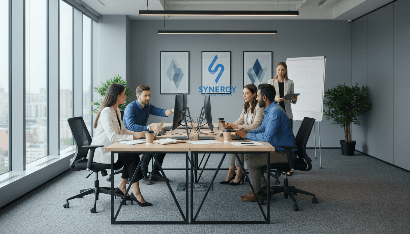 Profissional em ambiente de trabalho moderno com laptop e documentos de gestão empresarial