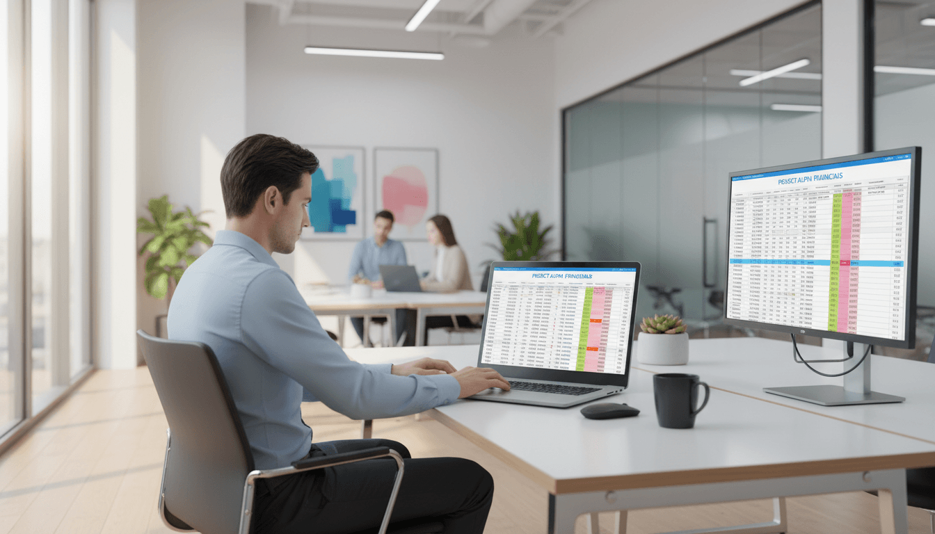 Profissional trabalhando com Excel em ambiente moderno e bem iluminado