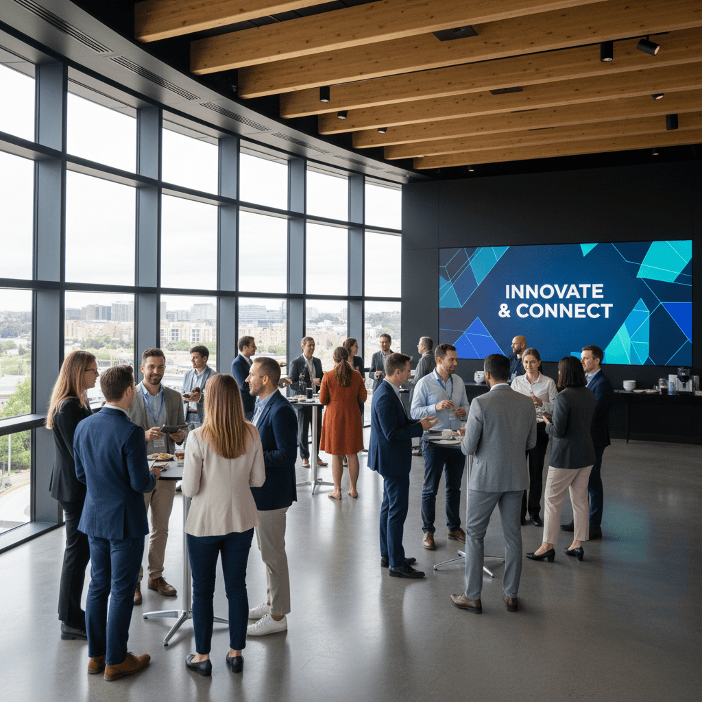 Profissionais diversos em evento de troca de conhecimento e networking