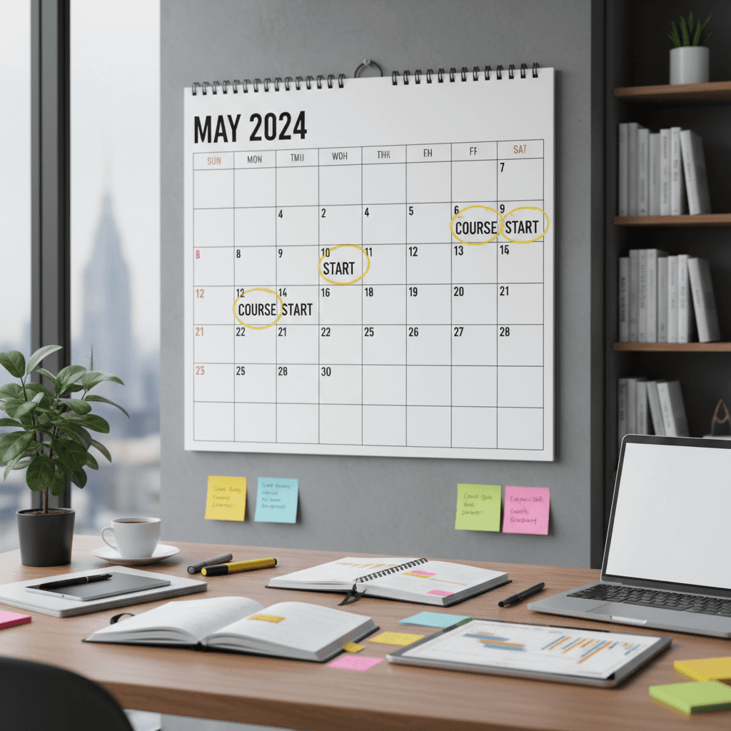 Calendário com datas de cursos e eventos marcados na agenda profissional
