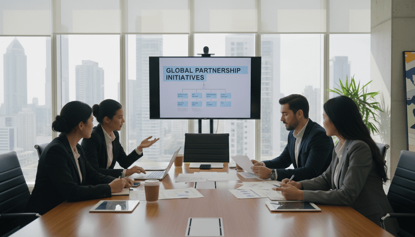 Equipe profissional em reunião de colaboração discutindo parceria estratégica