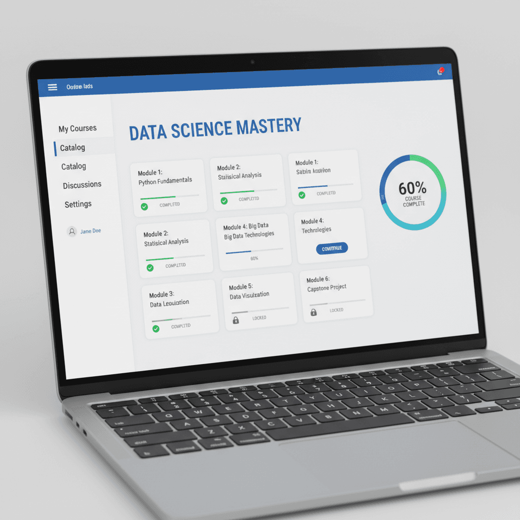 Plataforma online mostrando módulos de curso e acompanhamento de progresso