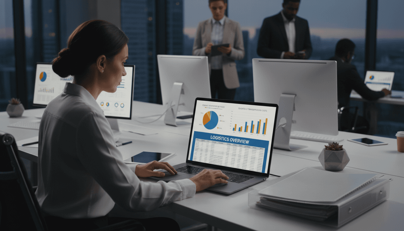 Profissional de logística analisando dados de transporte no Excel em ambiente moderno