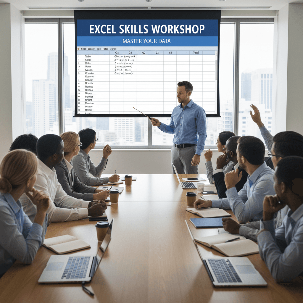 Instrutor ensinando habilidades de Excel para grupo de profissionais