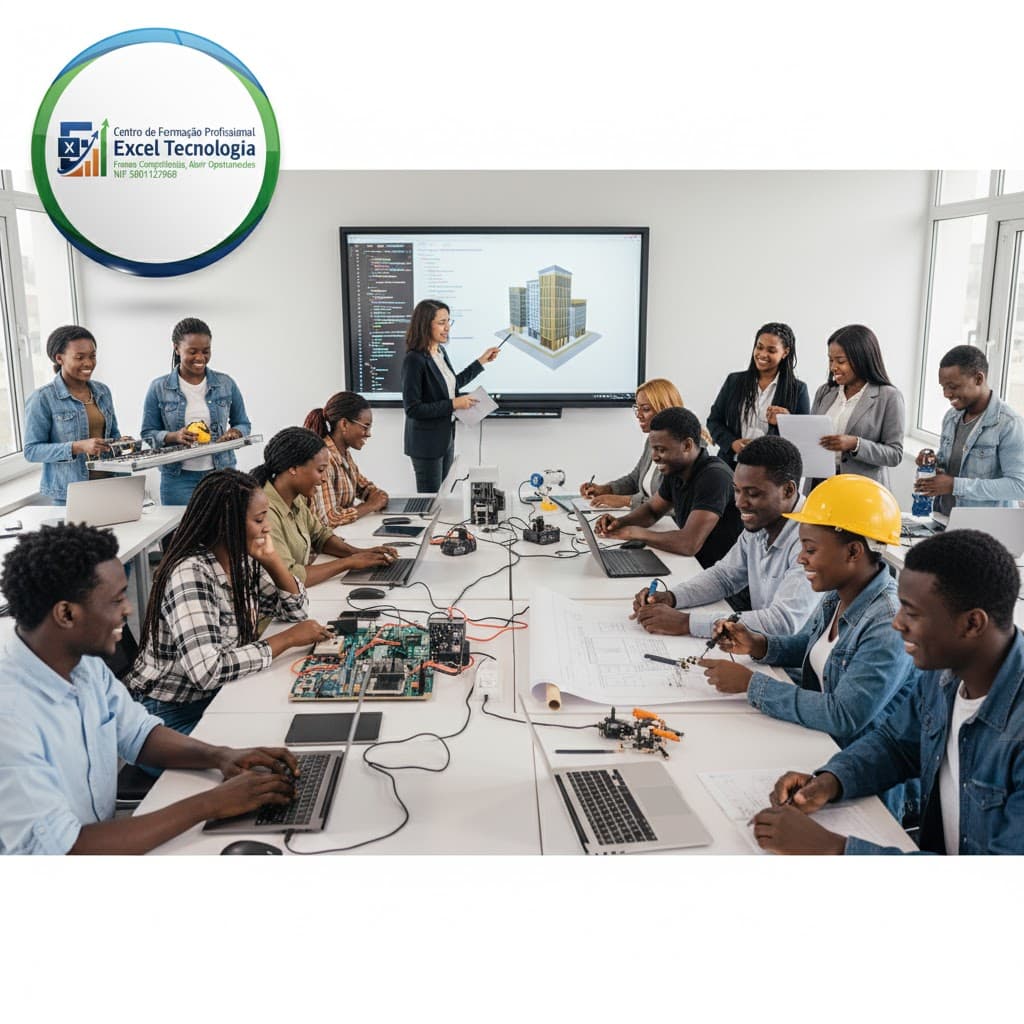 Estudantes colaboram em projetos de tecnologia, eletrônica e arquitetura em uma sala de aula moderna.
