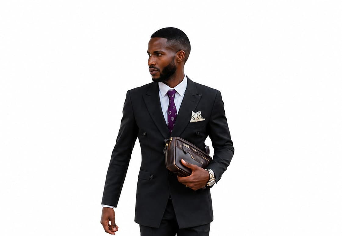 Homem negro elegante em terno preto, gravata roxa, segurando uma bolsa de couro marrom.