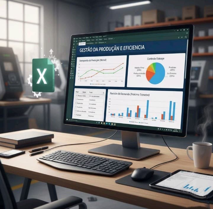 Monitor exibindo painel de gestão de produção com gráficos variados e ícone do Excel.