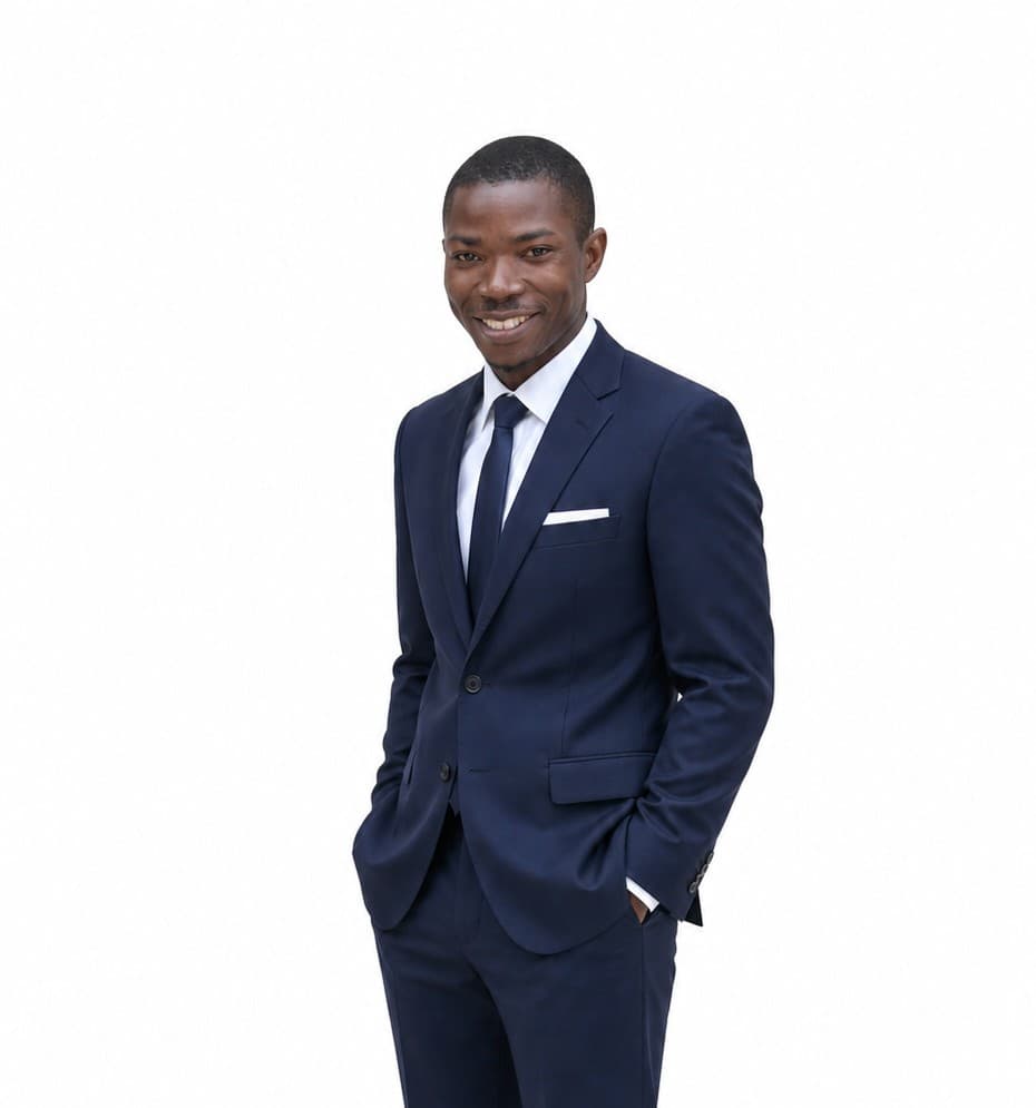 Homem negro sorridente vestindo terno azul marinho e gravata, posando contra um fundo branco.
